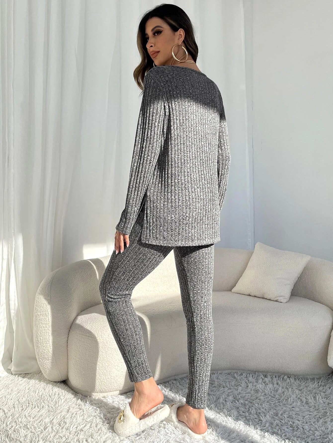 Knit Split Hem Top And Leggings Lounge Set-Cozy Knit Sets
