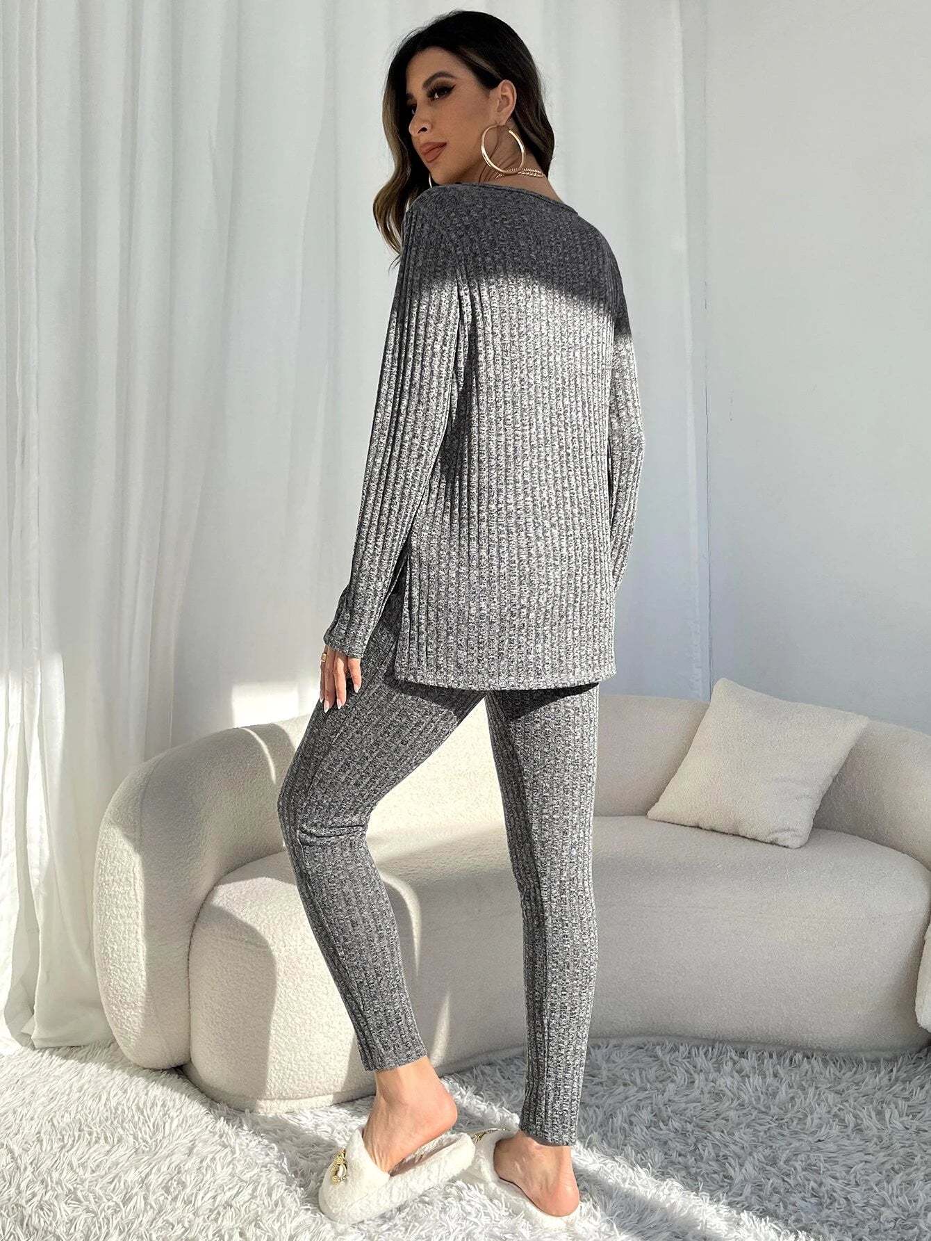 Knit Split Hem Top And Leggings Lounge Set-Cozy Knit Sets
