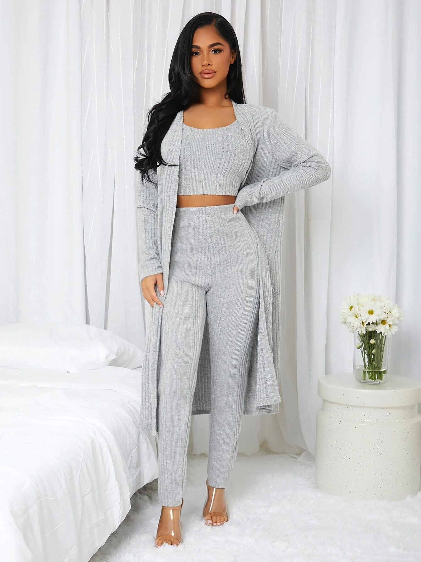 3 Pieces Ribbed Knit Lounge Set-Cozy Knit Sets