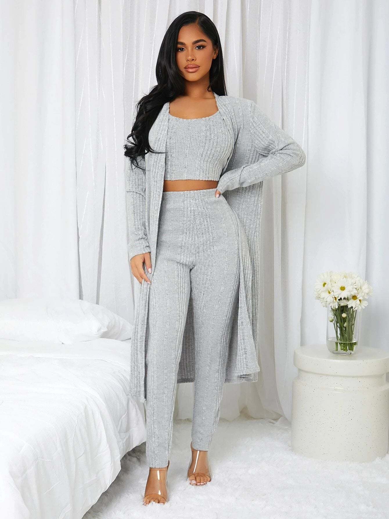 3 Pieces Ribbed Knit Lounge Set-Cozy Knit Sets