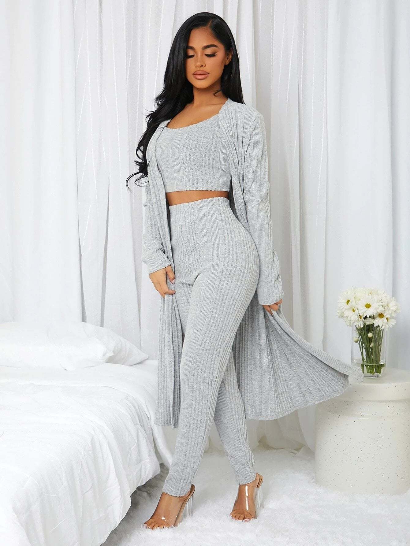 3 Pieces Ribbed Knit Lounge Set-Cozy Knit Sets