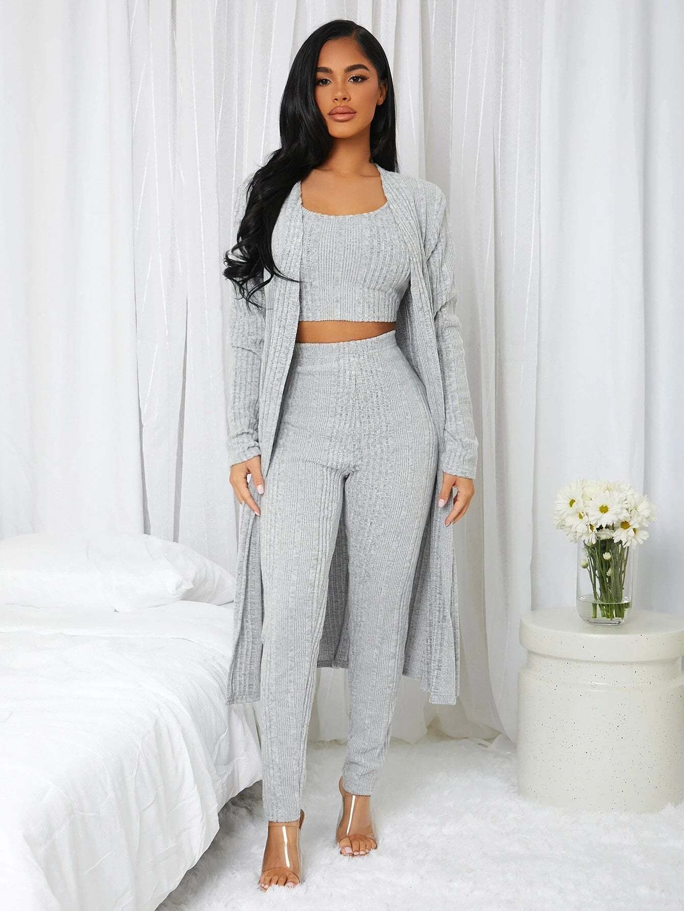 3 Pieces Ribbed Knit Lounge Set-Cozy Knit Sets