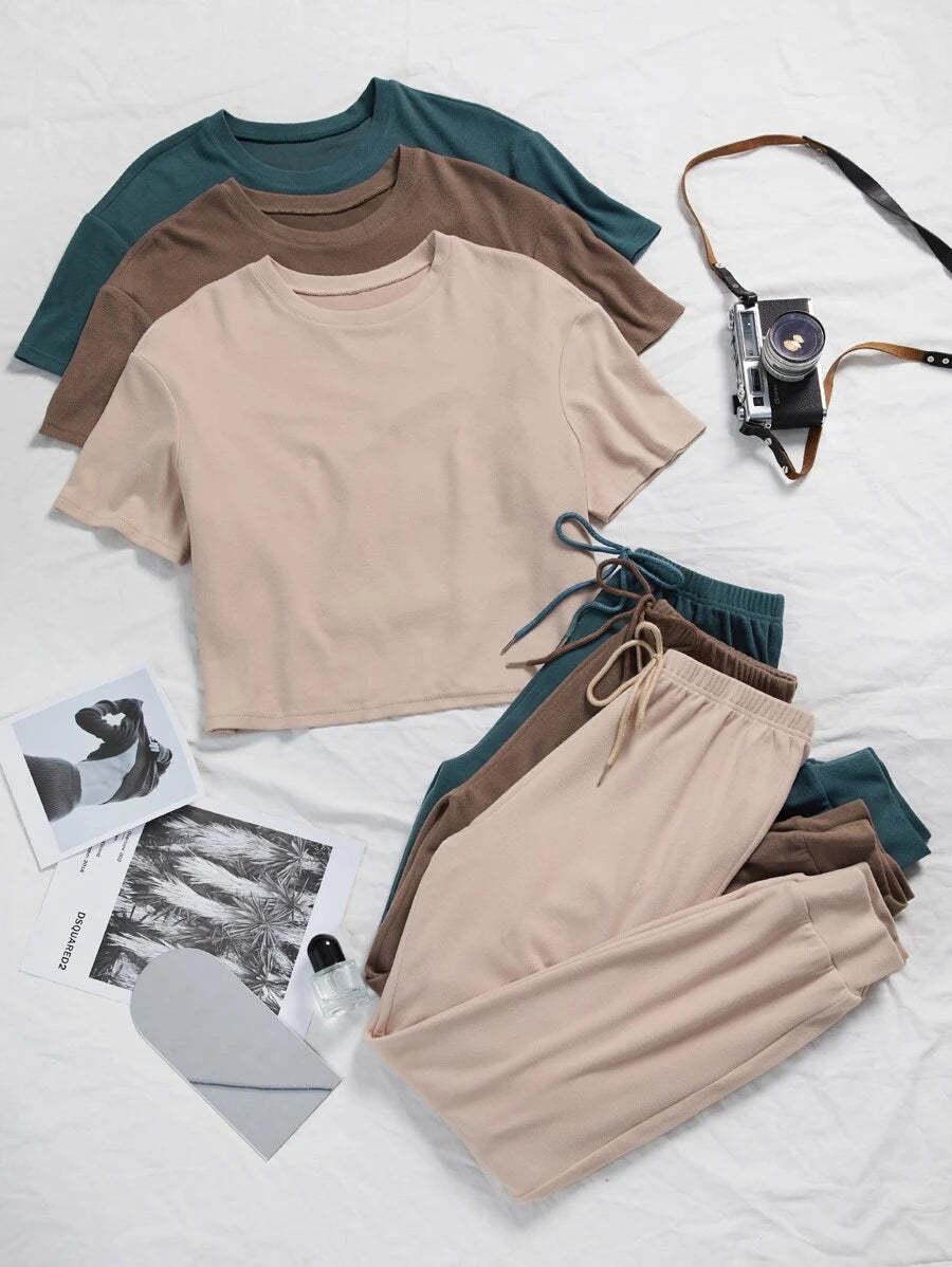 3 Sets Solid Tee And Tie Front Pants Lounge Set-Cozy Knit Sets