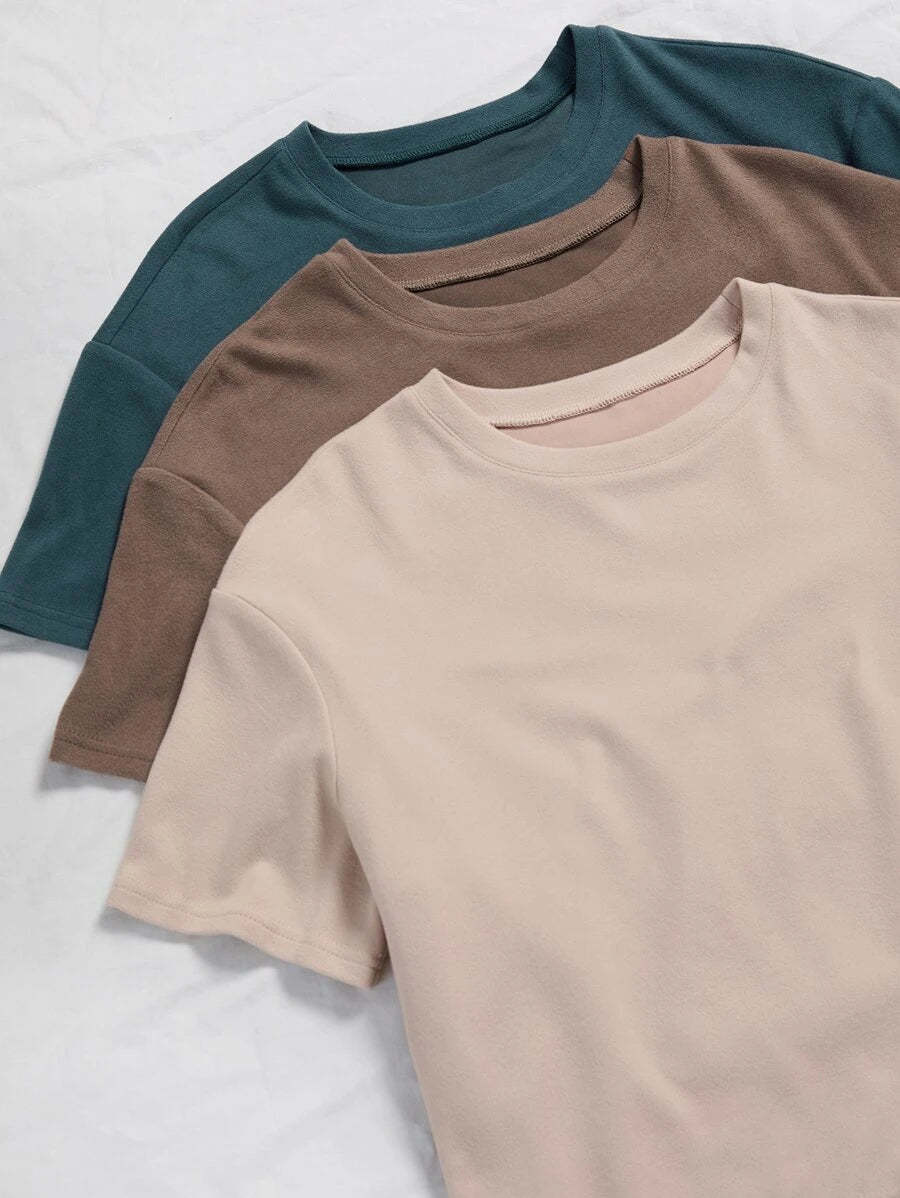 3 Sets Solid Tee And Tie Front Pants Lounge Set-Cozy Knit Sets