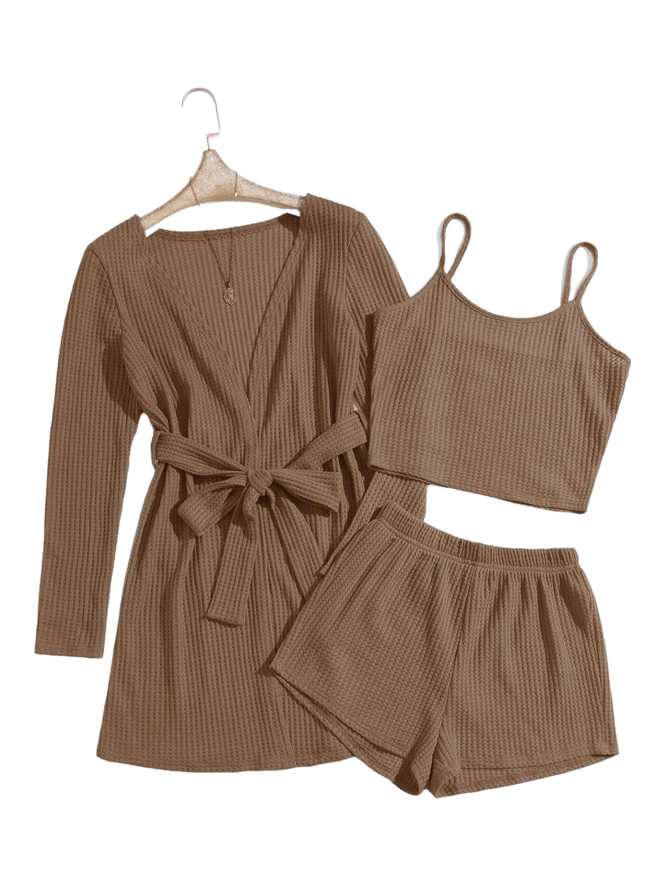3 Pieces Waffle Knit Belted Lounge Set-Cozy Knit Sets