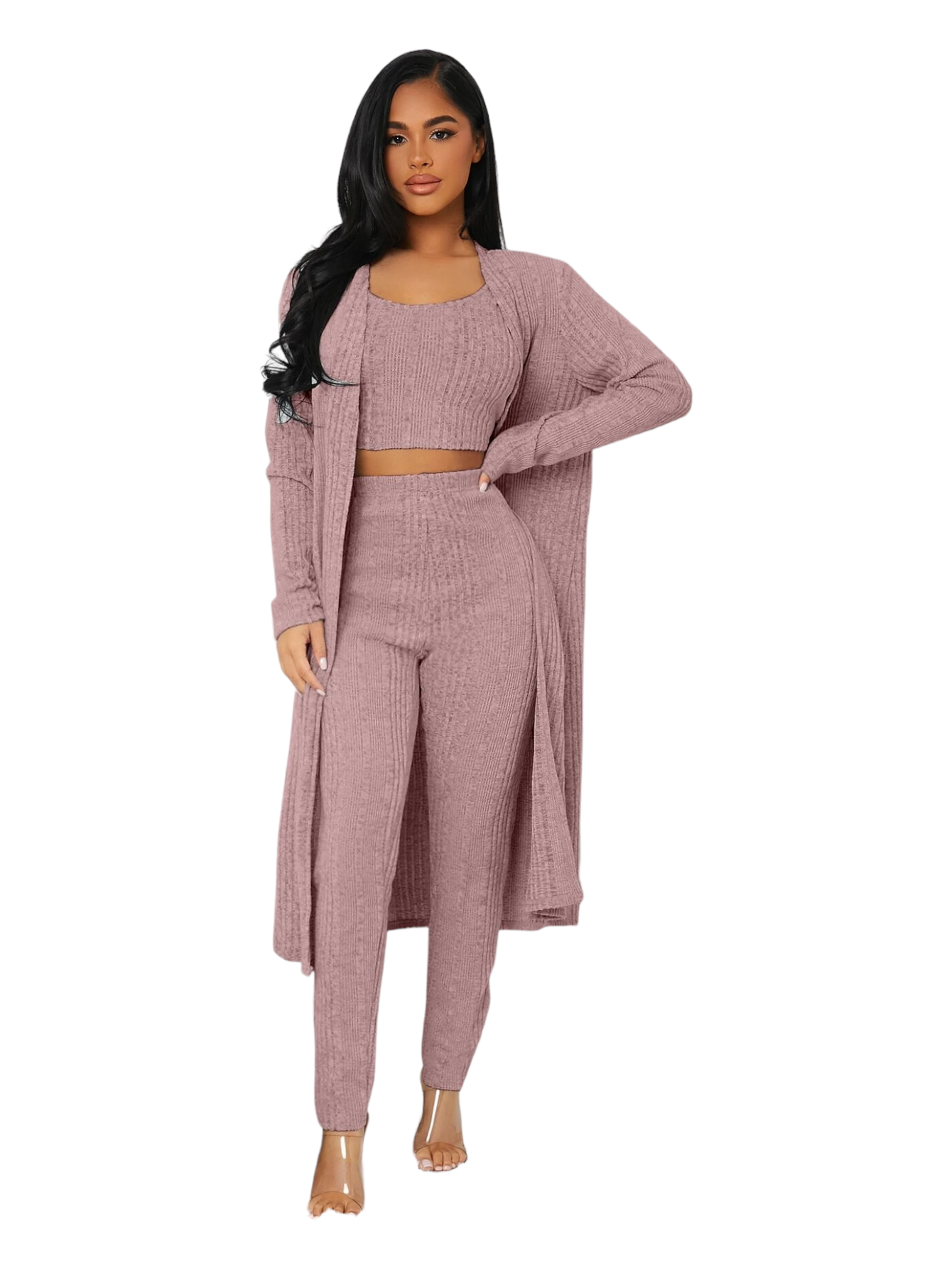 3 Pieces Ribbed Knit Lounge Set-Cozy Knit Sets