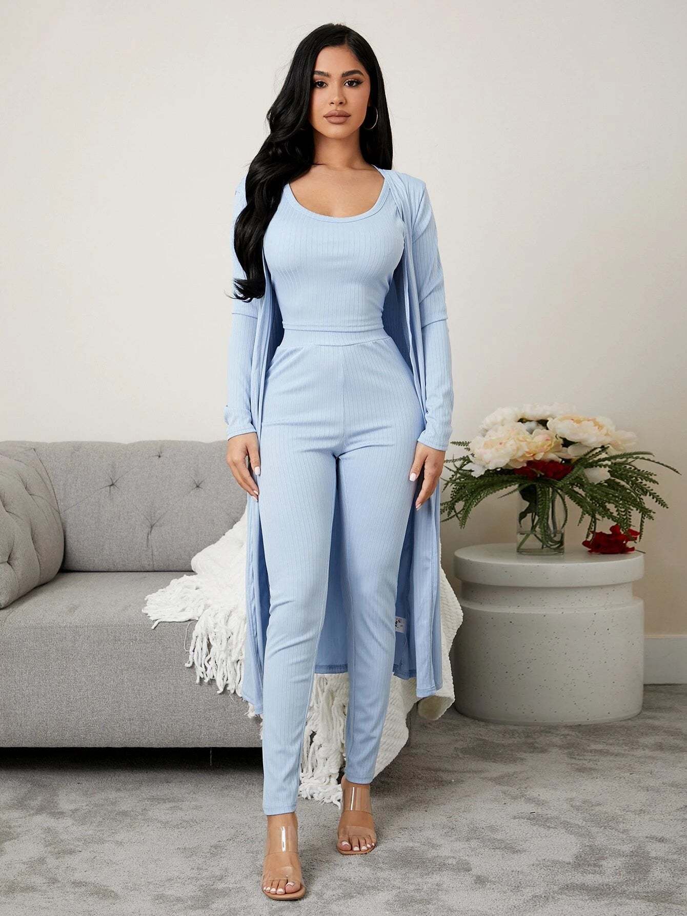 3 Pieces Ribbed Knit Lounge Set-Cozy Knit Sets