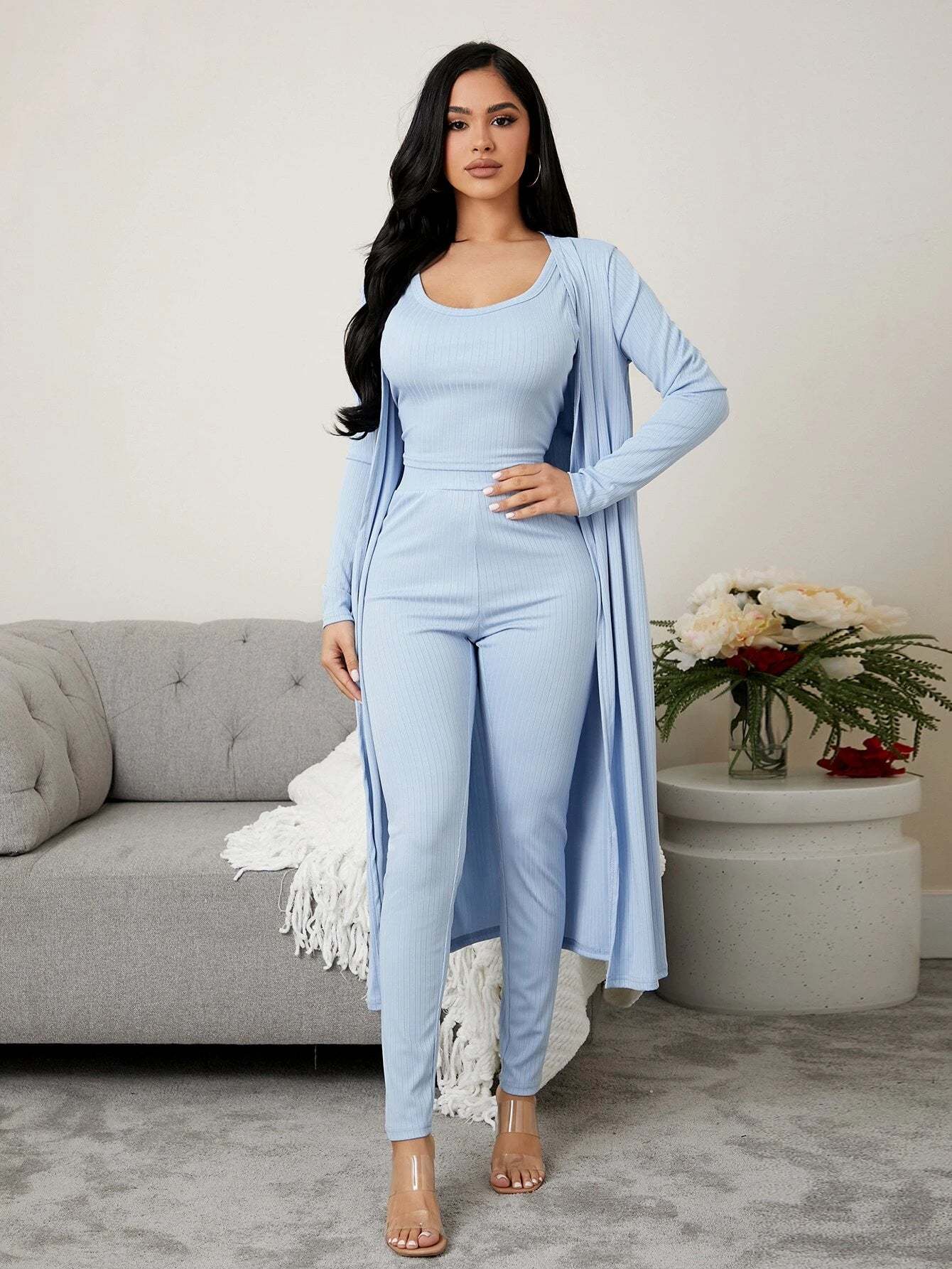 3 Pieces Ribbed Knit Lounge Set-Cozy Knit Sets