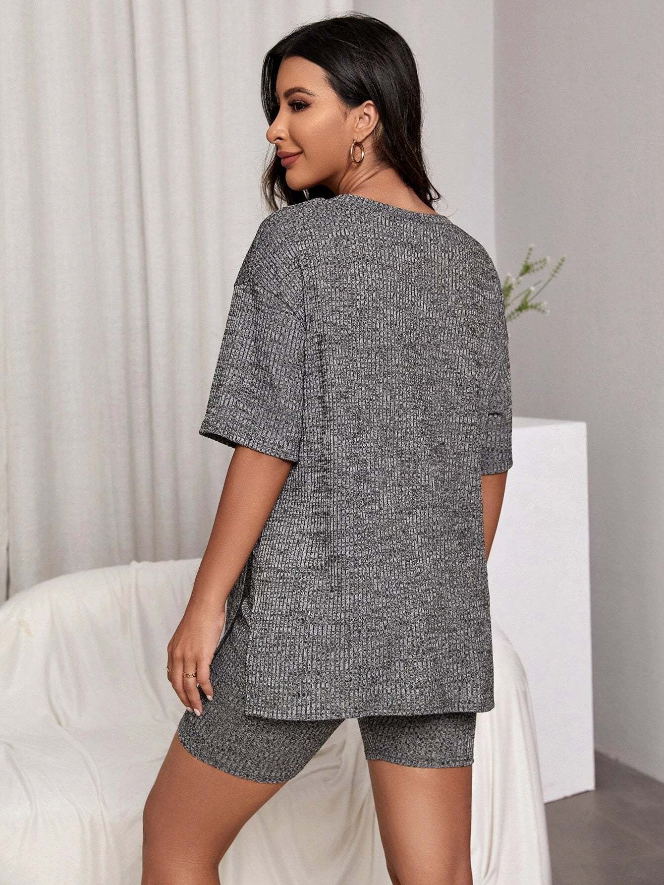 Drop Shoulder Slit Hem Lounge Set-Cozy Knit Sets