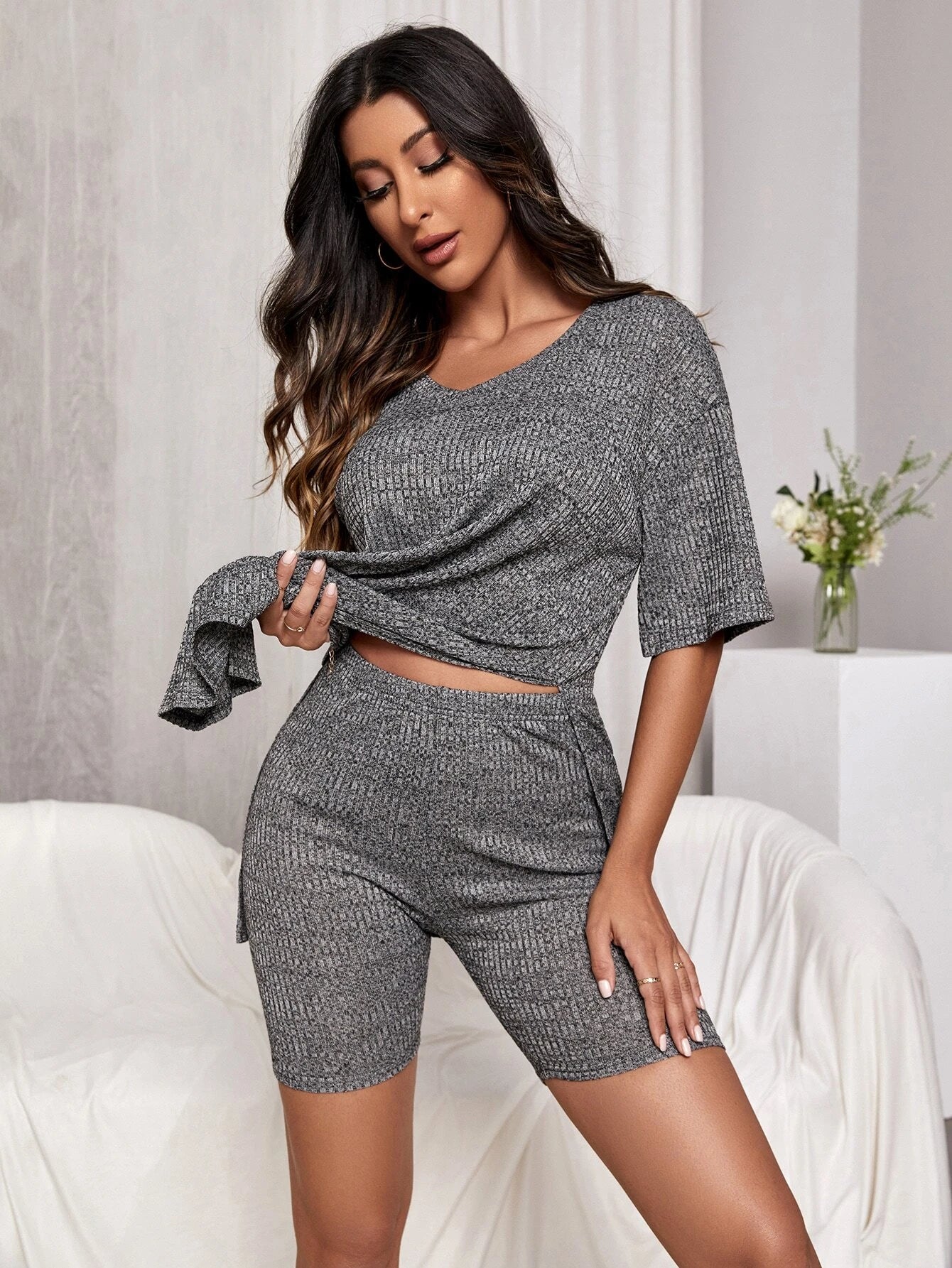 Drop Shoulder Slit Hem Lounge Set-Cozy Knit Sets