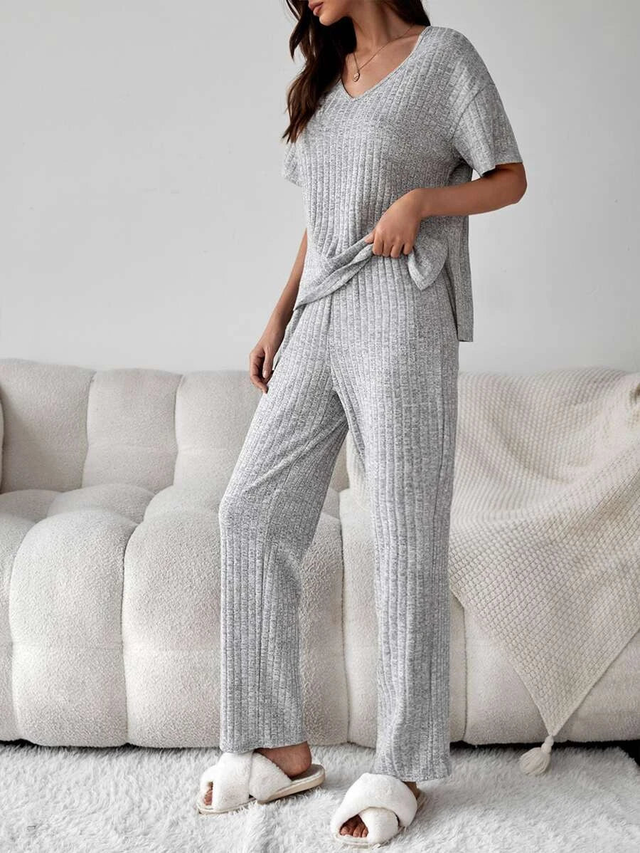 Drop Shoulder Split High Low Hem Lounge Set-Cozy Knit Sets