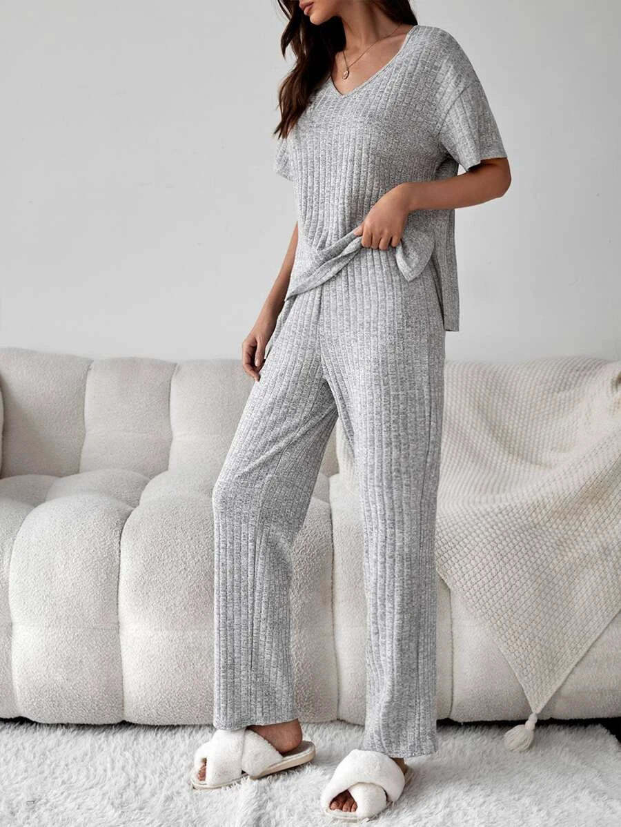 Drop Shoulder Split High Low Hem Lounge Set-Cozy Knit Sets