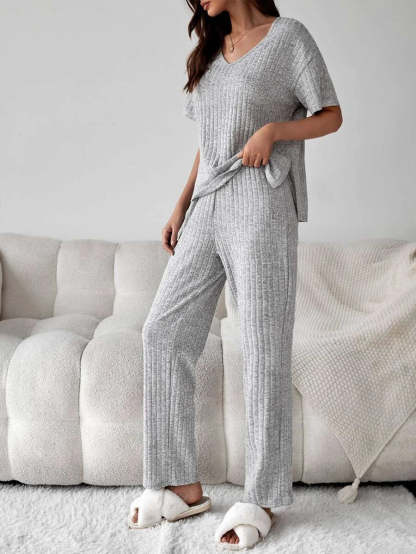 Drop Shoulder Split High Low Hem Lounge Set-Cozy Knit Sets