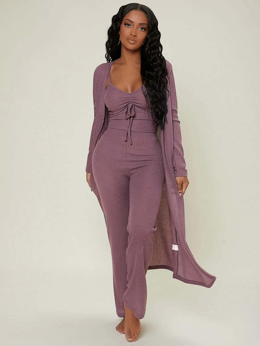 Ruched Bust Solid Lounge Set-Cozy Knit Sets