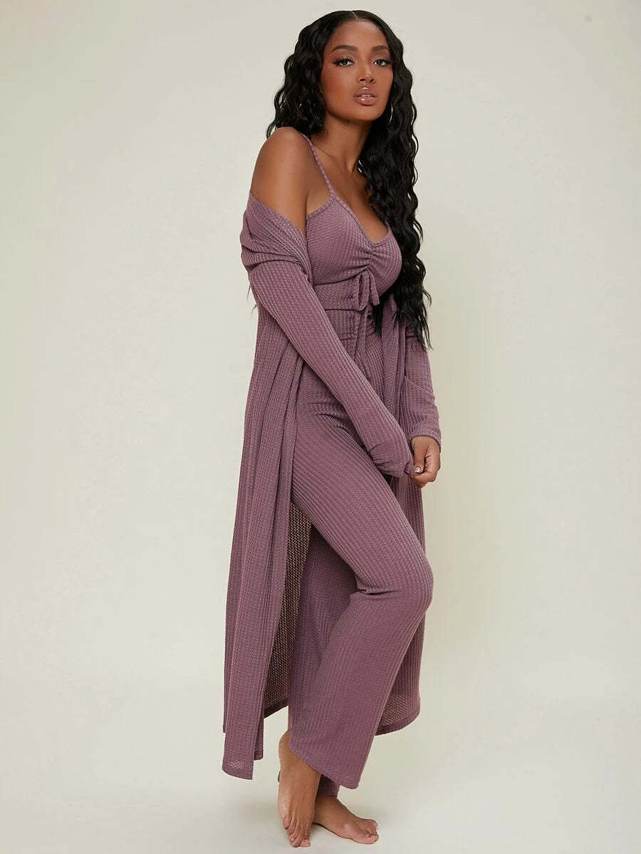 Ruched Bust Solid Lounge Set-Cozy Knit Sets