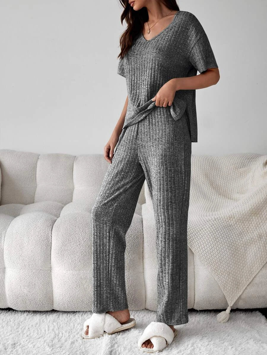 Drop Shoulder Split High Low Hem Lounge Set-Cozy Knit Sets