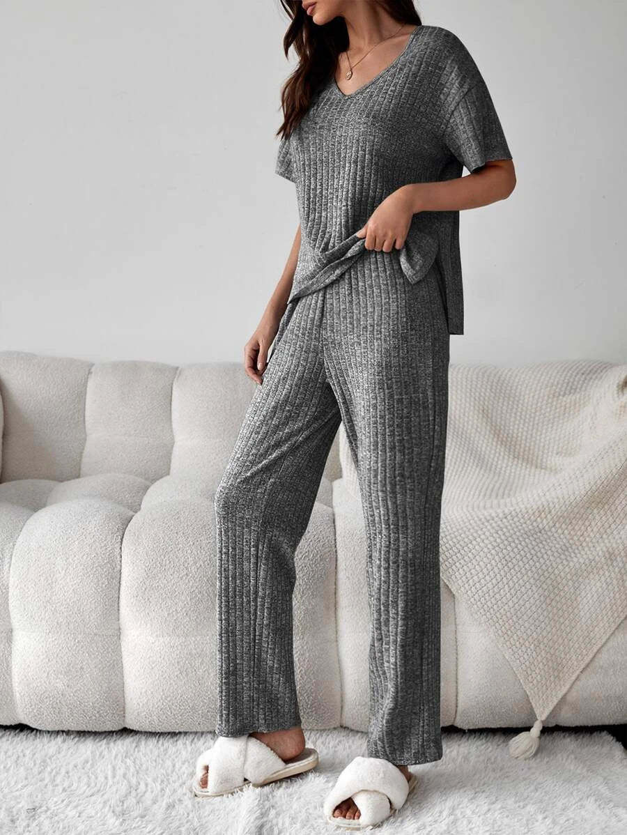 Drop Shoulder Split High Low Hem Lounge Set-Cozy Knit Sets