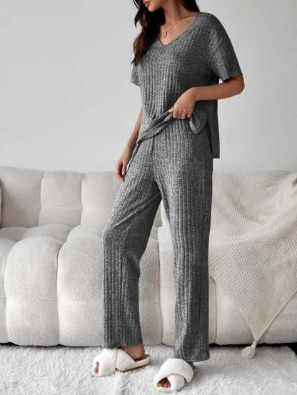 Drop Shoulder Split High Low Hem Lounge Set-Cozy Knit Sets