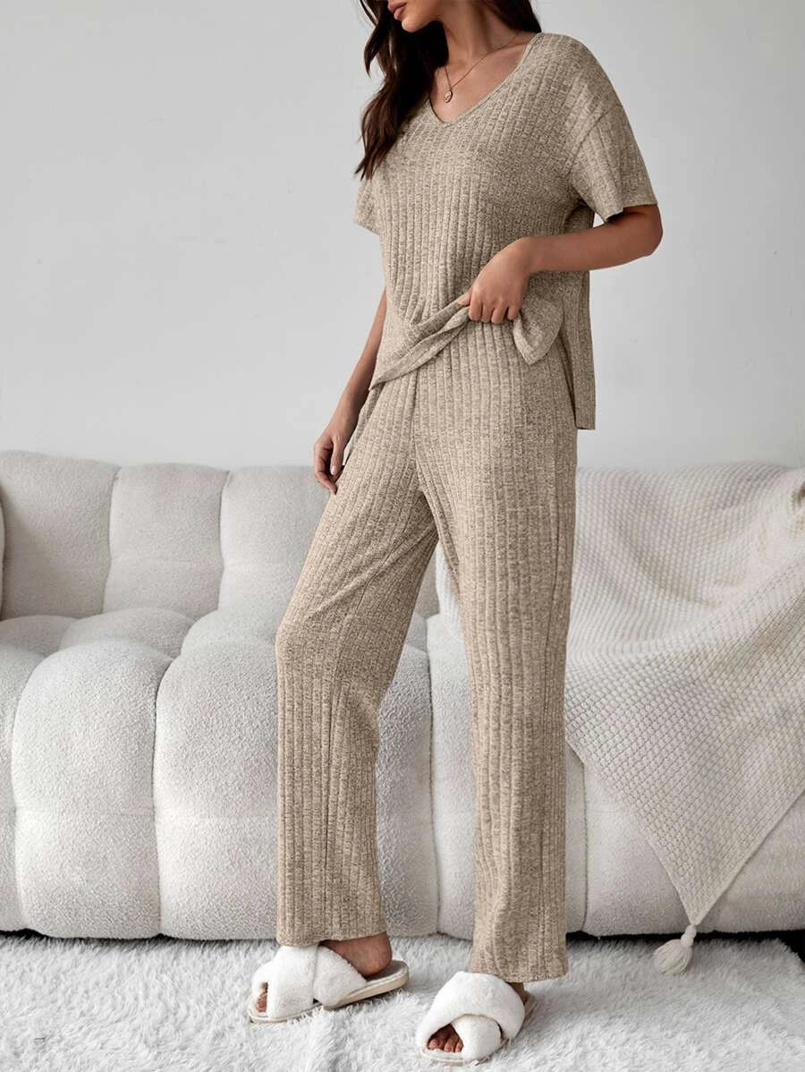 Drop Shoulder Split High Low Hem Lounge Set-Cozy Knit Sets
