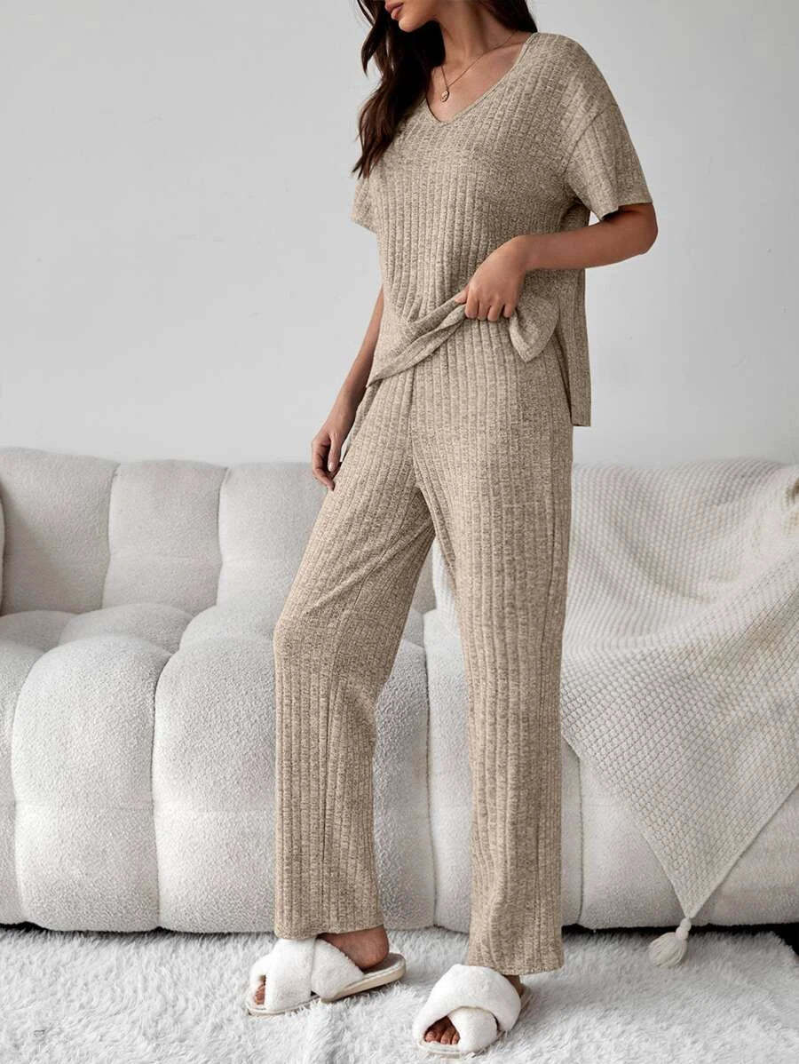 Drop Shoulder Split High Low Hem Lounge Set-Cozy Knit Sets
