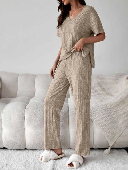 Drop Shoulder Split High Low Hem Lounge Set-Cozy Knit Sets
