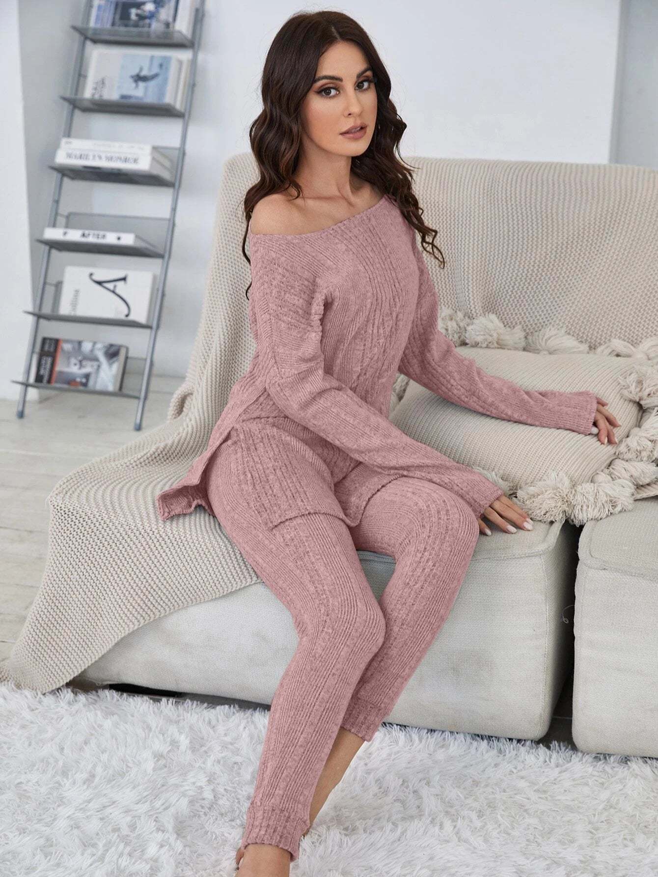 Shoulder Split Hem Tee And Pants Lounge Set-Cozy Knit Sets