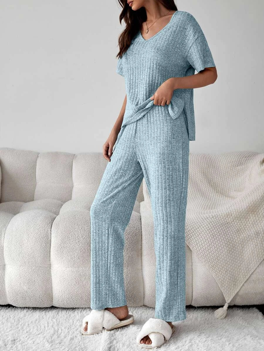 Drop Shoulder Split High Low Hem Lounge Set-Cozy Knit Sets