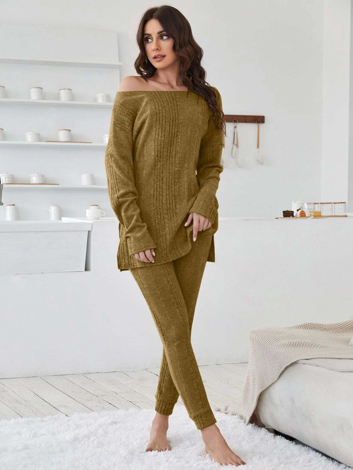 Shoulder Split Hem Tee And Pants Lounge Set-Cozy Knit Sets