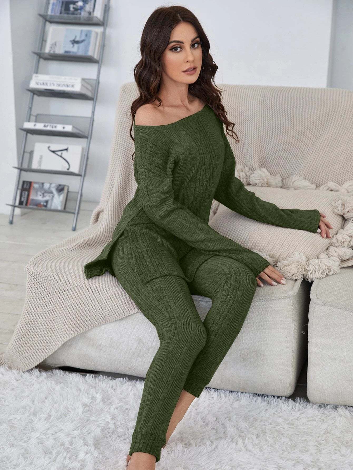 Shoulder Split Hem Tee And Pants Lounge Set-Cozy Knit Sets