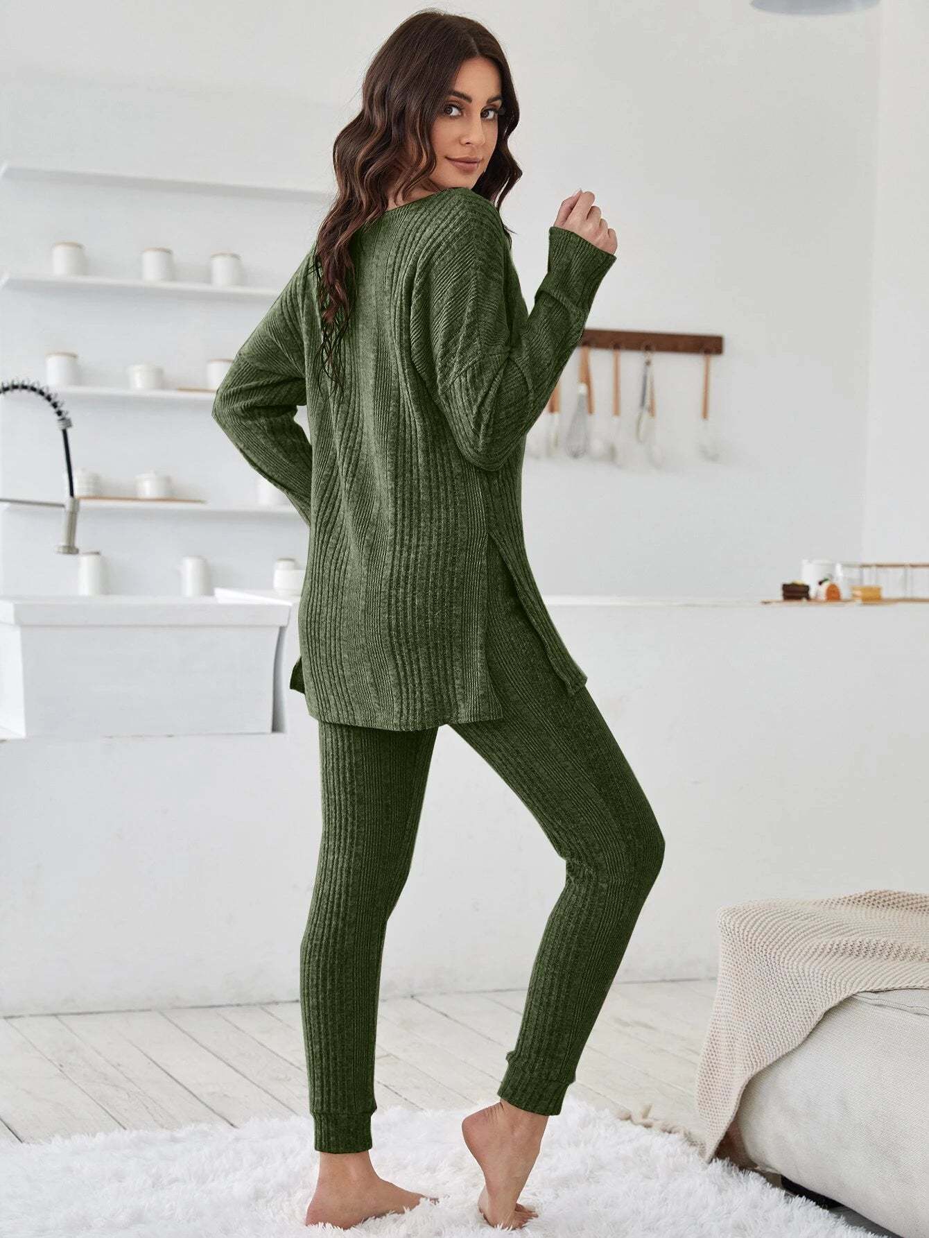 Shoulder Split Hem Tee And Pants Lounge Set-Cozy Knit Sets
