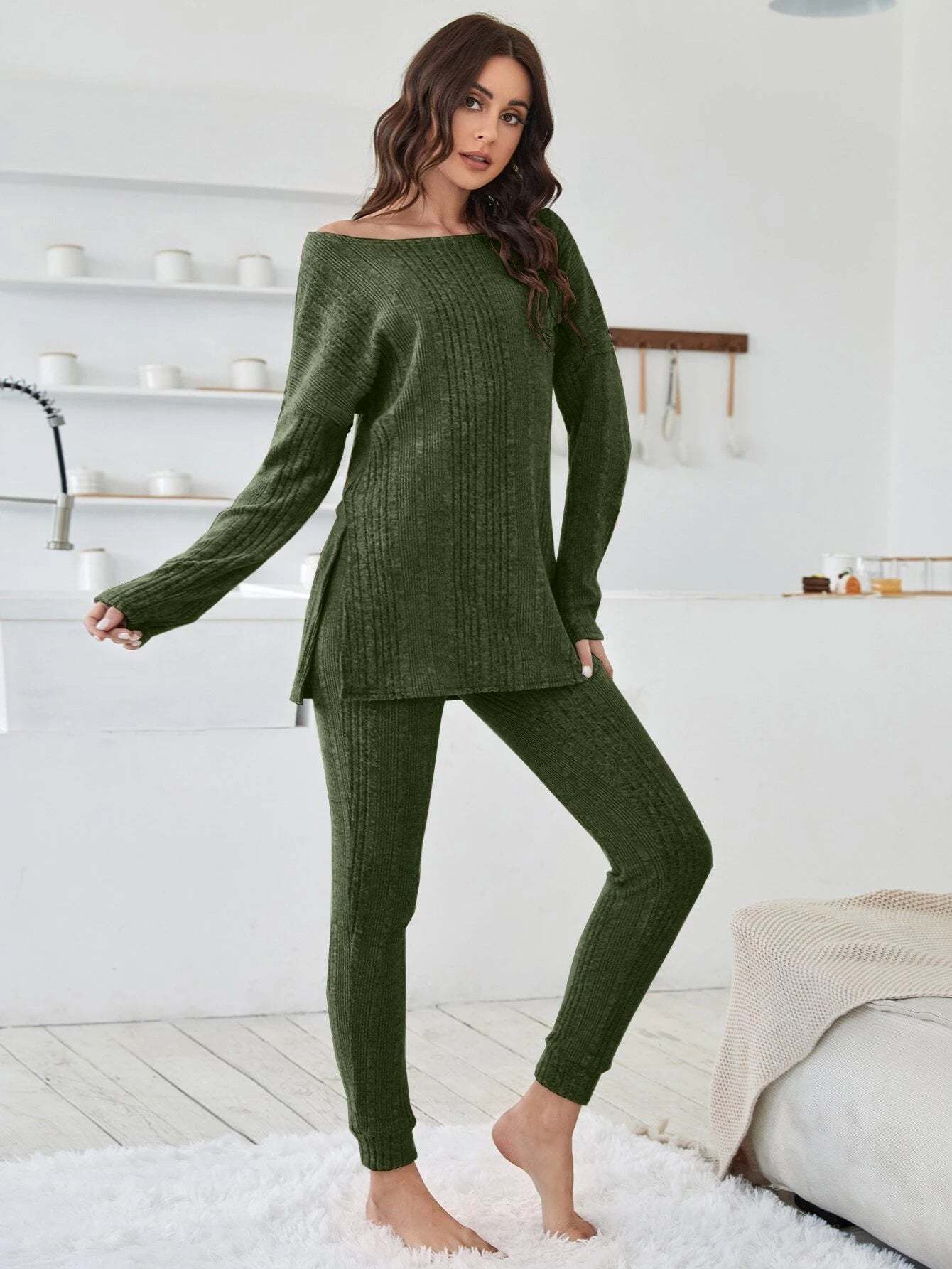 Shoulder Split Hem Tee And Pants Lounge Set-Cozy Knit Sets