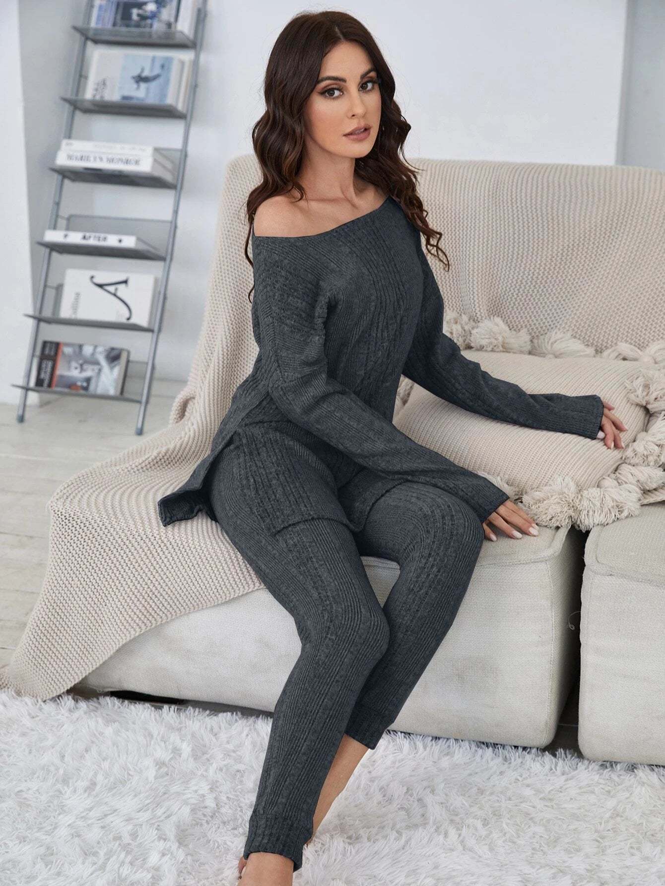Shoulder Split Hem Tee And Pants Lounge Set-Cozy Knit Sets