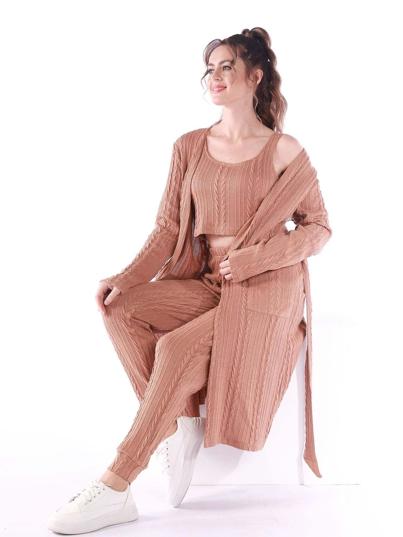 3 Pieces Solid Lounge Set-Cozy Knit Sets
