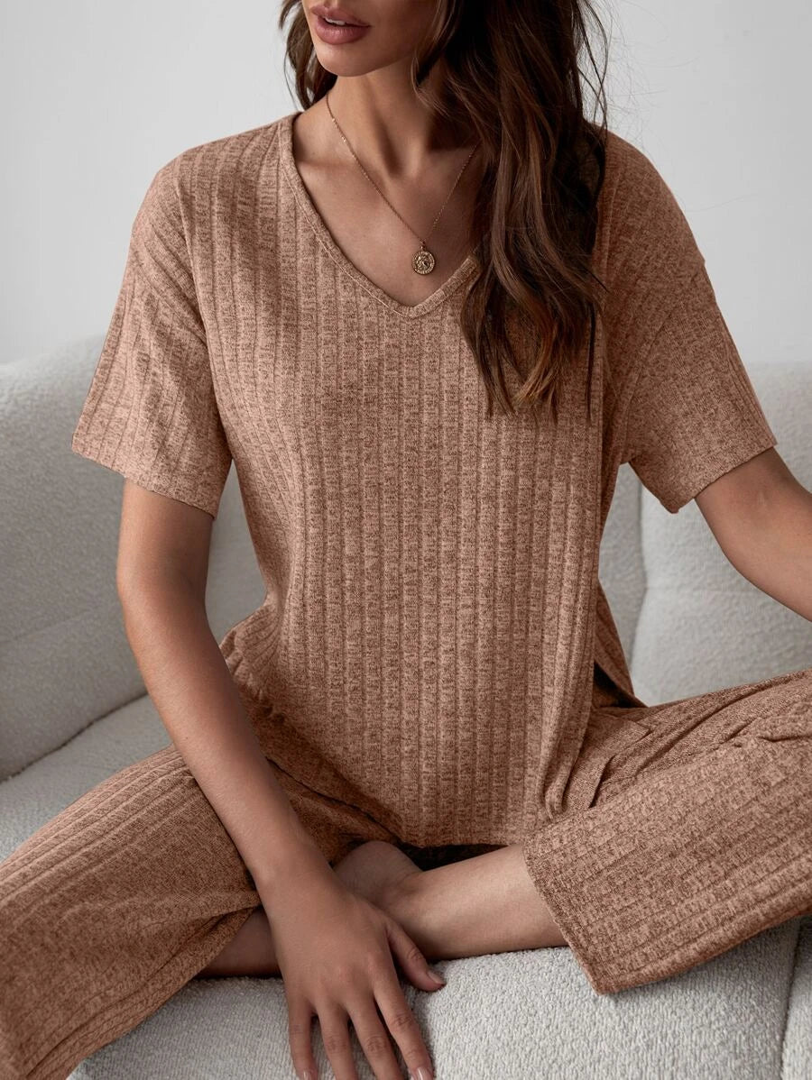 Drop Shoulder Split High Low Hem Lounge Set-Cozy Knit Sets