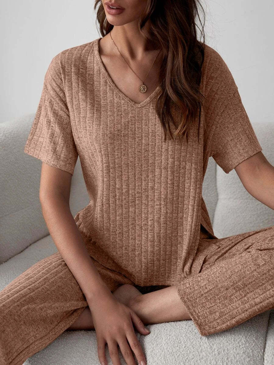 Drop Shoulder Split High Low Hem Lounge Set-Cozy Knit Sets