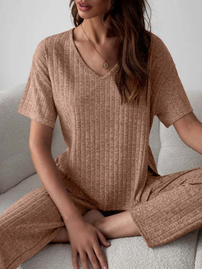 Drop Shoulder Split High Low Hem Lounge Set-Cozy Knit Sets