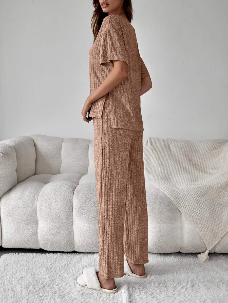 Drop Shoulder Split High Low Hem Lounge Set-Cozy Knit Sets