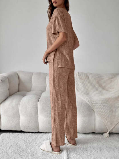 Drop Shoulder Split High Low Hem Lounge Set-Cozy Knit Sets