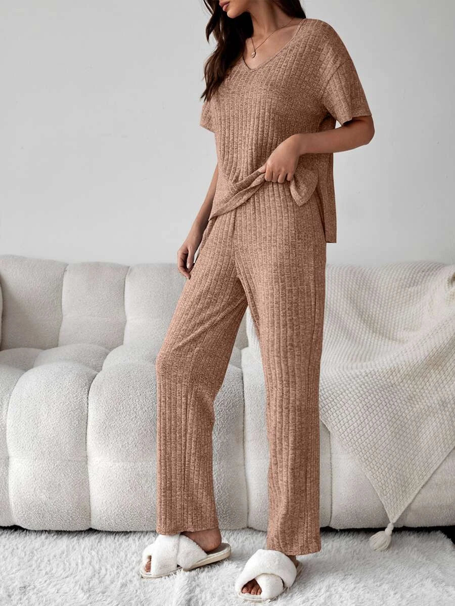 Drop Shoulder Split High Low Hem Lounge Set-Cozy Knit Sets