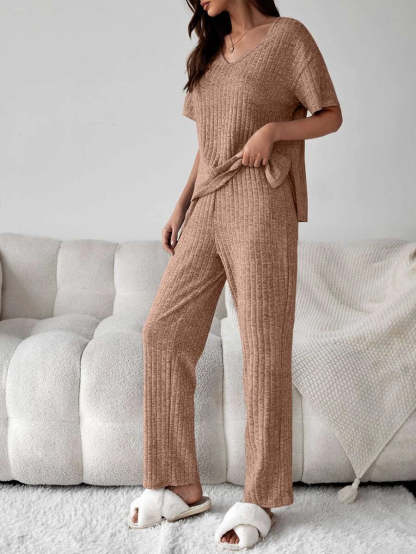 Drop Shoulder Split High Low Hem Lounge Set-Cozy Knit Sets