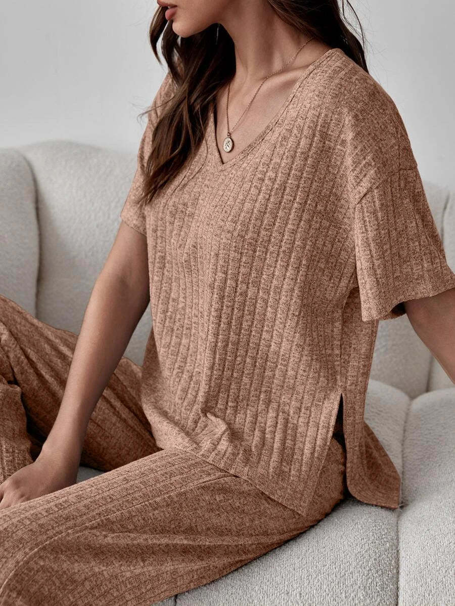 Drop Shoulder Split High Low Hem Lounge Set-Cozy Knit Sets