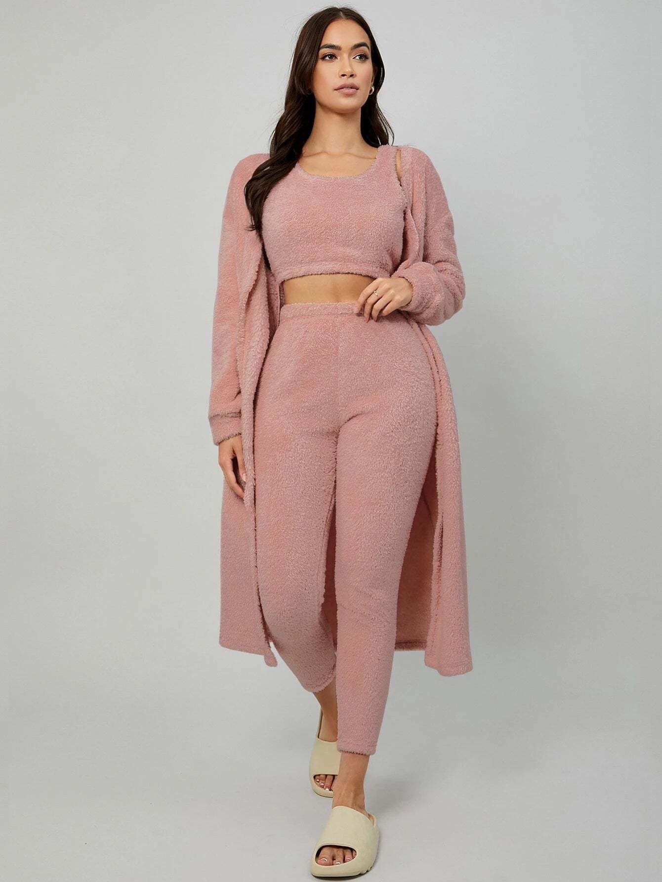 3 Pieces Drop Shoulder Belted Lounge Set-Cozy Knit Sets