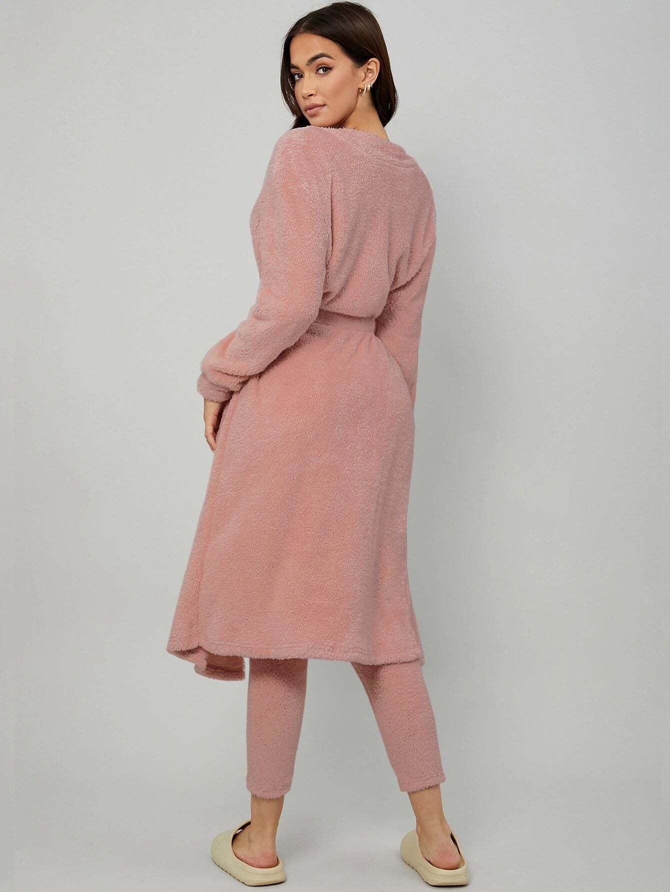 3 Pieces Drop Shoulder Belted Lounge Set-Cozy Knit Sets