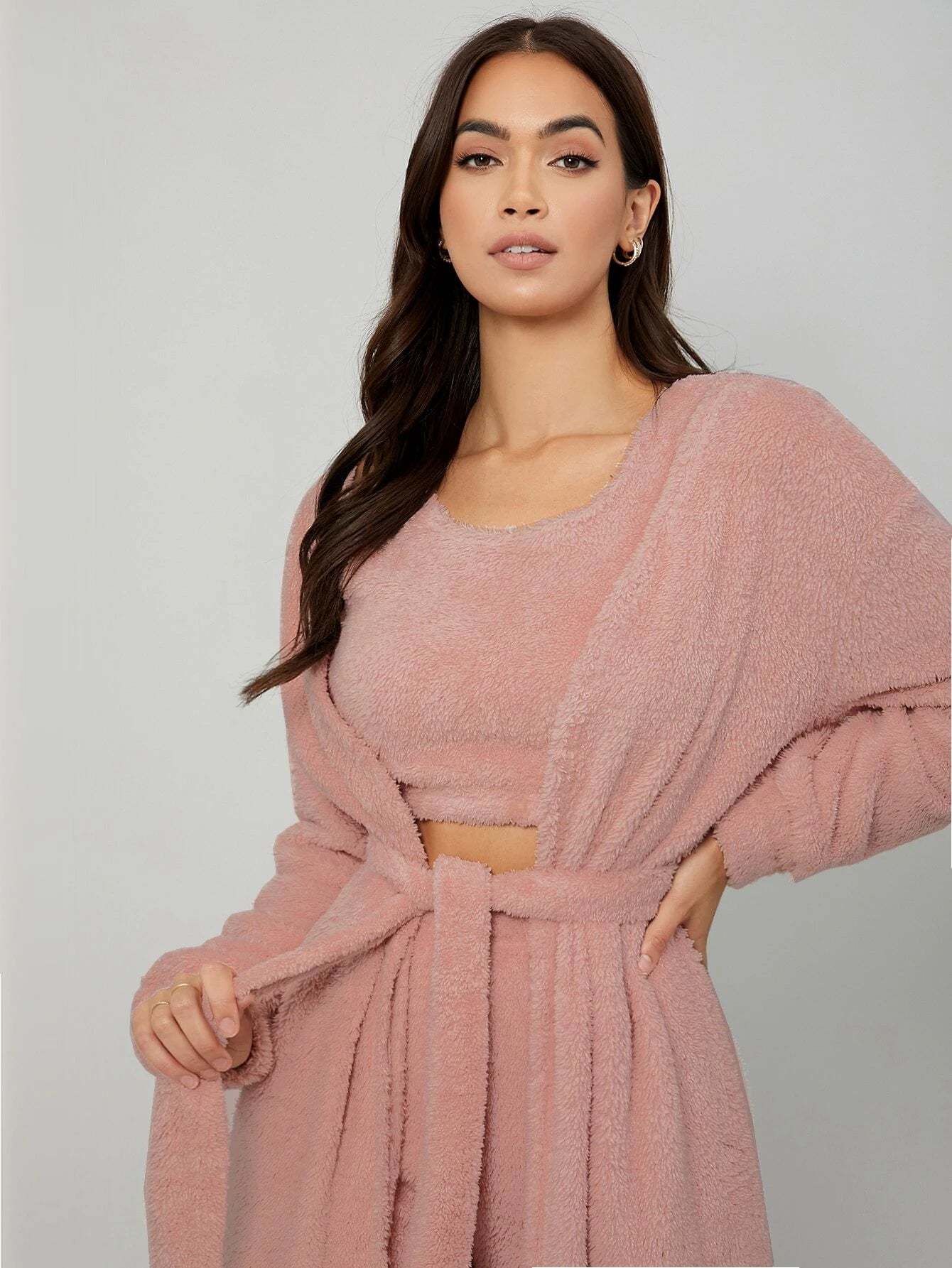 3 Pieces Drop Shoulder Belted Lounge Set-Cozy Knit Sets