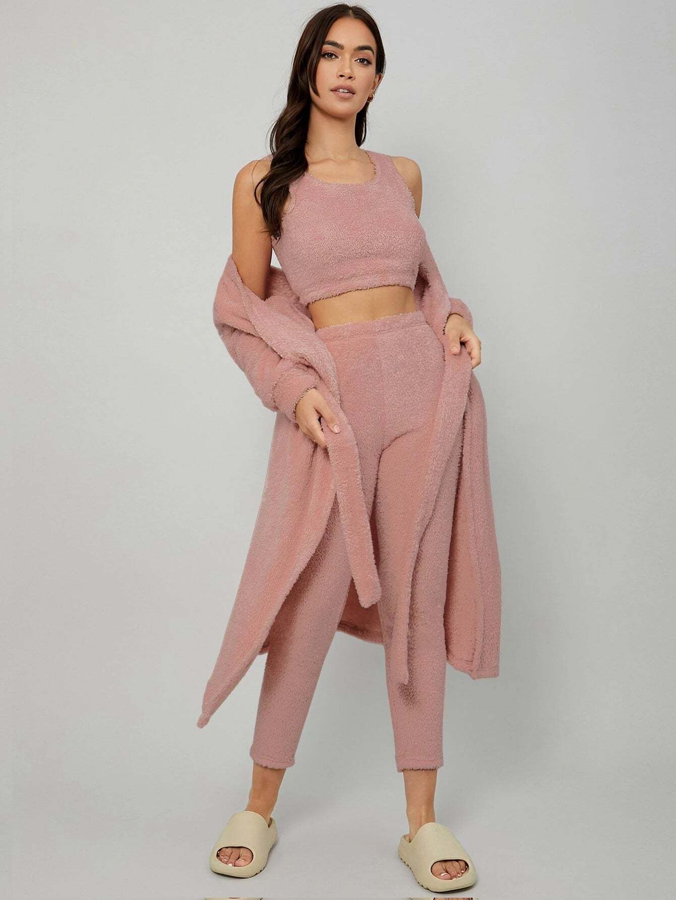 3 Pieces Drop Shoulder Belted Lounge Set-Cozy Knit Sets