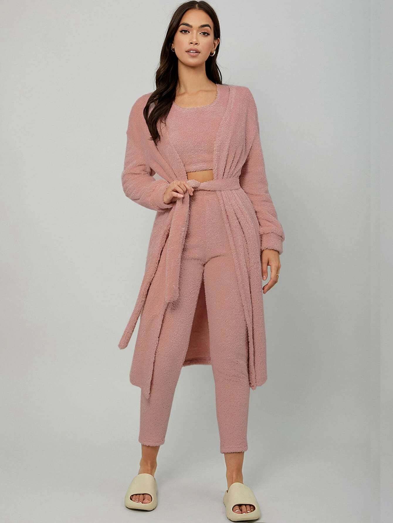 3 Pieces Drop Shoulder Belted Lounge Set-Cozy Knit Sets