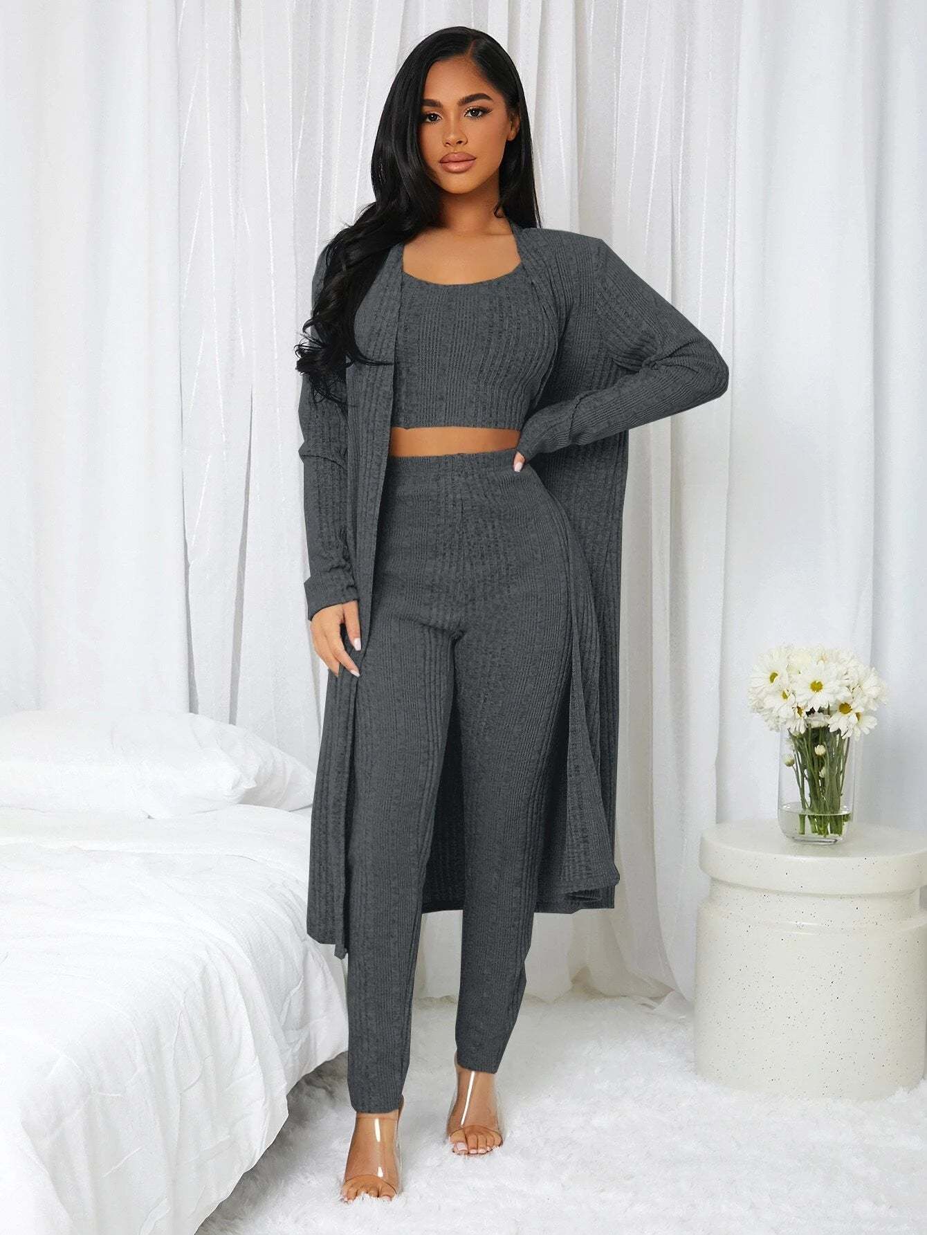3 Pieces Ribbed Knit Lounge Set-Cozy Knit Sets