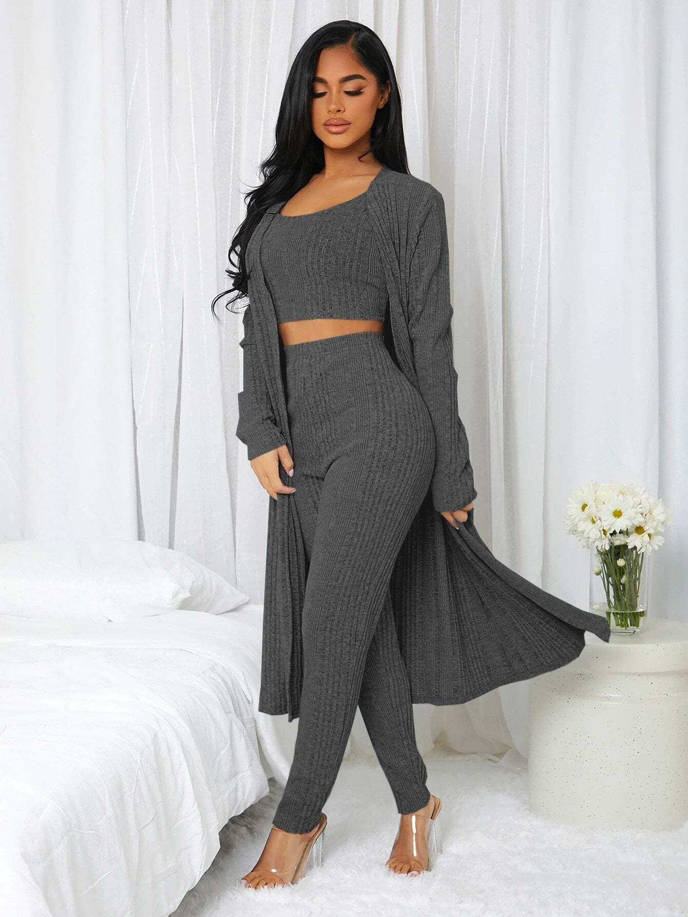 3 Pieces Ribbed Knit Lounge Set-Cozy Knit Sets