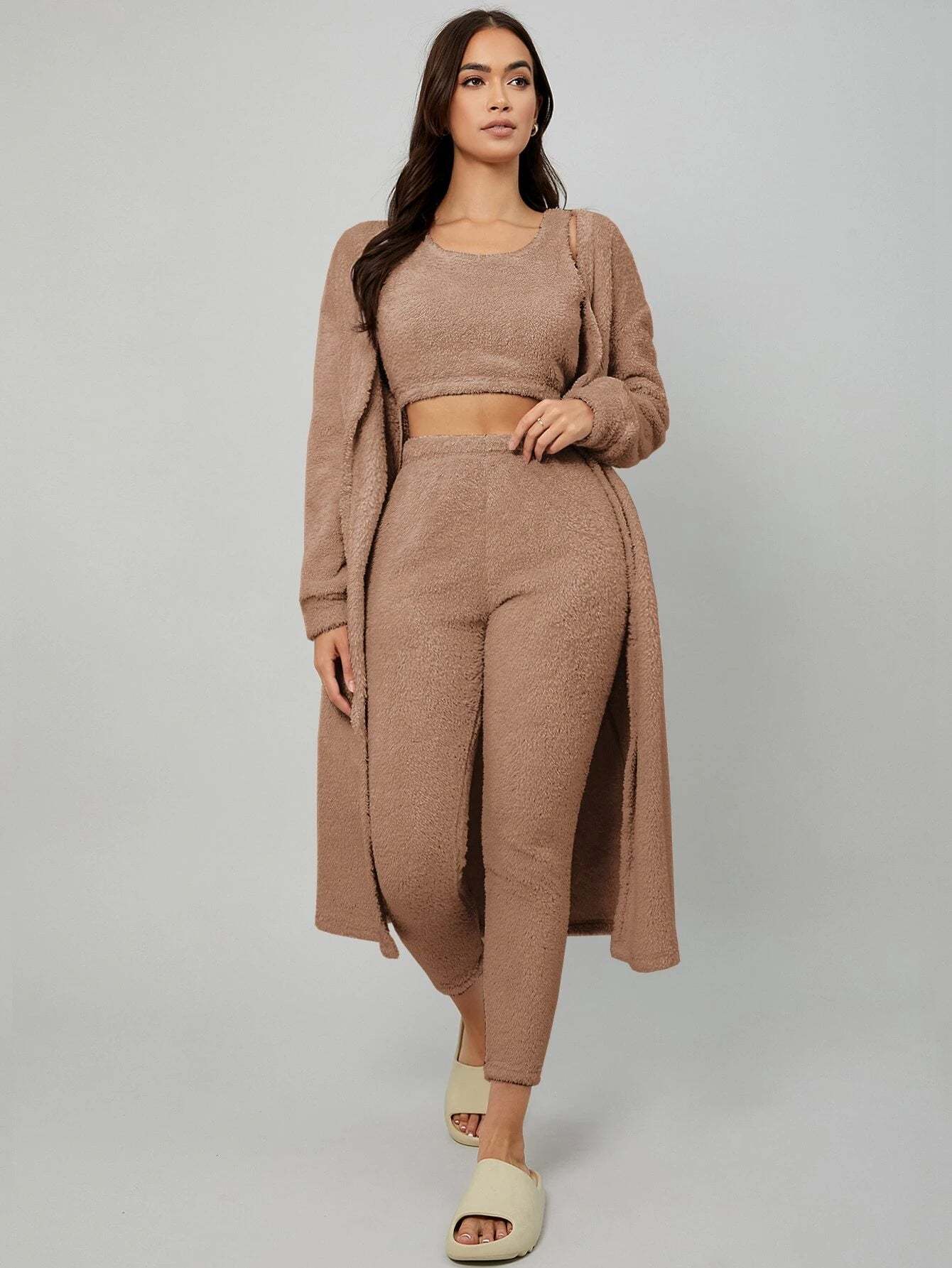 3 Pieces Drop Shoulder Belted Lounge Set-Cozy Knit Sets