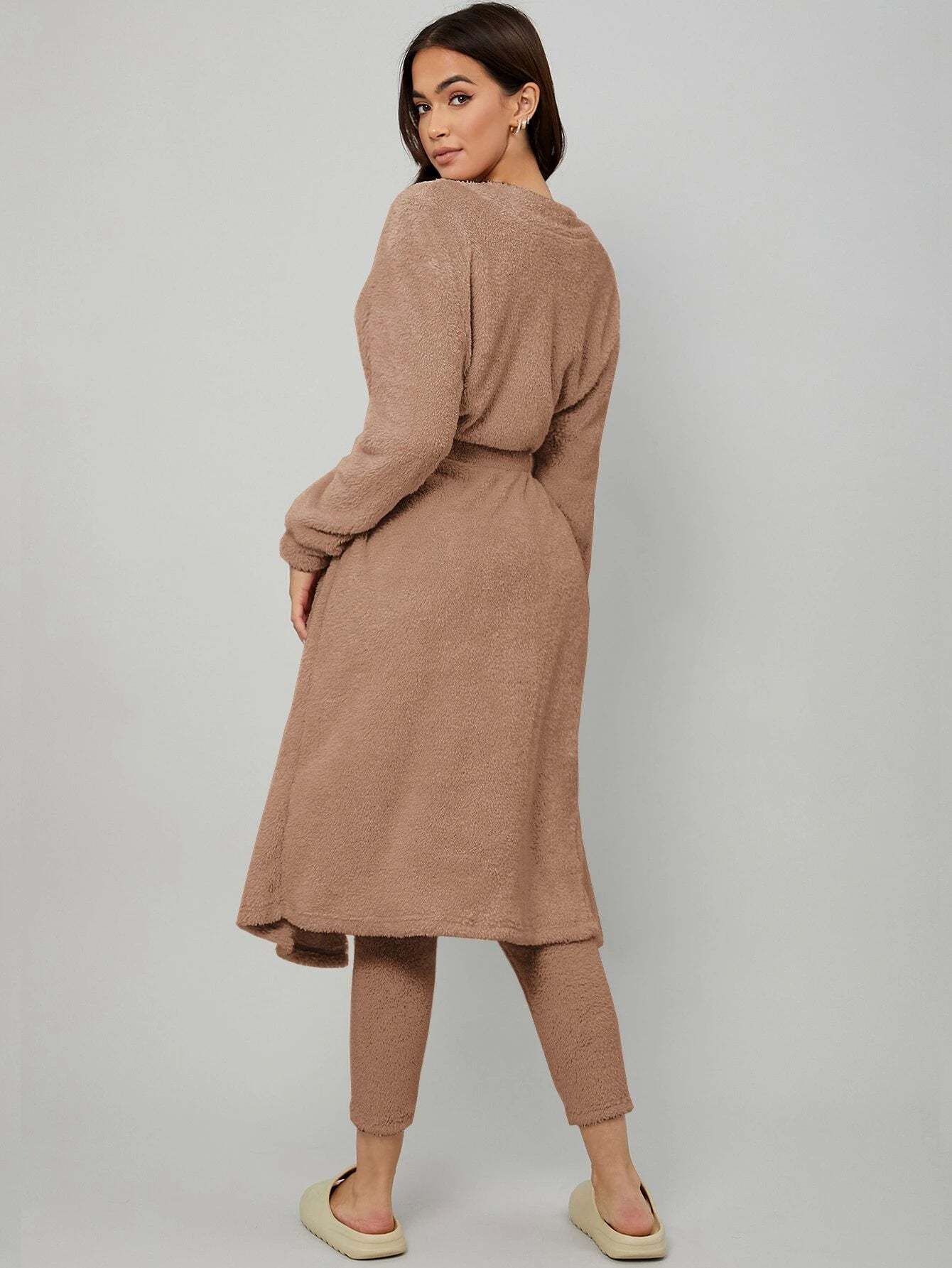 3 Pieces Drop Shoulder Belted Lounge Set-Cozy Knit Sets